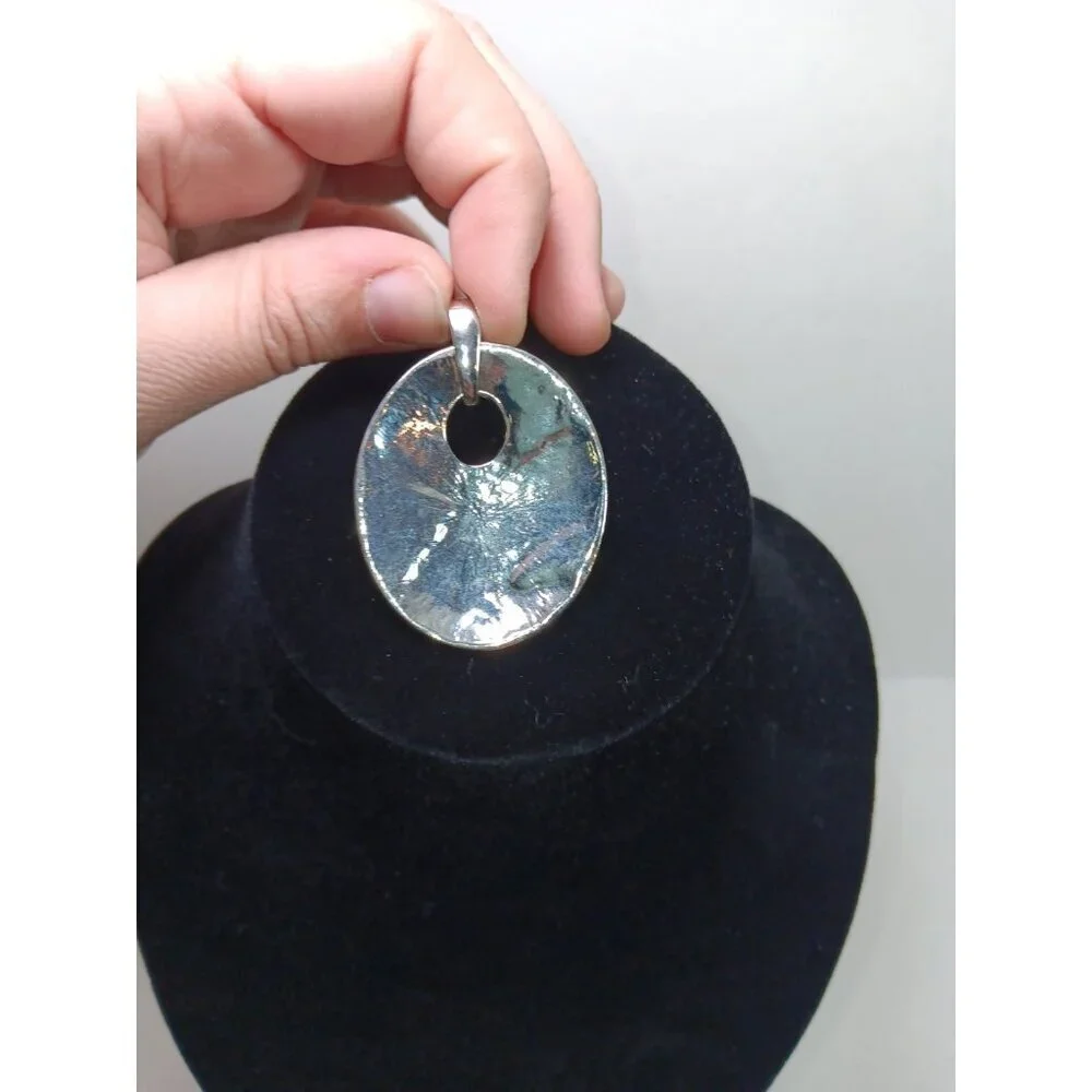 Vintage Metal Silver Tone Blue Swirl Enamel Diamond Rhinestones Pendant